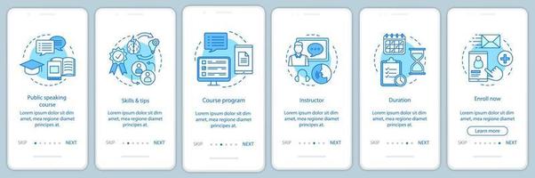 Public speaking skill classes onboarding mobile app page screen vector template. Professional speakers school. Walkthrough website steps with linear icons. UX, UI, GUI smartphone interface concept