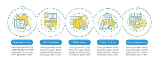 plantilla de infografía vectorial de reserva de hotel. reserva de apartamento. elementos de diseño de presentación de negocios. visualización de datos con pasos y opciones. gráfico de línea de tiempo del proceso. diseño de flujo de trabajo con iconos vector