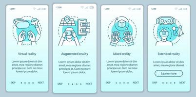 Extended reality onboarding mobile app page screen with linear concept. Virtual, augmented, mixed realities walkthrough steps graphic instructions. UX, UI, GUI vector template with illustrations