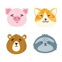 Collection of cute funny animal faces, heads. Set of various cartoon isolated muzzles. Vector illustration for print on children's clothing, greeting cards, nursery, stickers, stationery, room decor