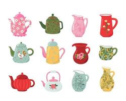 Set of dishes, milk jugs, teapots and kettles. Decorative kitchen tools collection, colored tableware, ceramic household utensils. Cartoon vector isolated illustration
