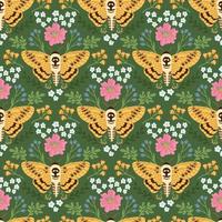 Butterfly and flowers summer vector seamless pattern. Damask floral texture in retro style. Hand drawn cute design for fabric or wallpaper.