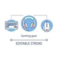 Gaming gear concept icon. E sports accessories. Gamer equipment. Keyboard, headset, gaming mouse. Video game devices idea thin line illustration. Vector isolated outline drawing. Editable stroke