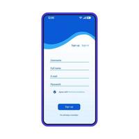 Sign up form smartphone interface vector template. Mobile app blue design layout. Register fields page screen. Flat UI for application. New user registration. Create account. Sign in. Phone display