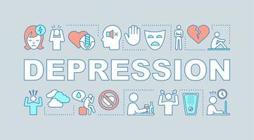 Depression word concepts banner. Apathetic mental state. Burnout, frustration. Medical treatment. Presentation, website. Isolated lettering typography idea, linear icons. Vector outline illustration
