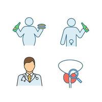 Men's health color icons set. Obesity, alcoholism and erectile dysfunction, urologist, prostate exam. Unhealthy eating and lifestyle. Isolated vector illustrations