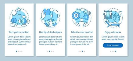 Emotion management onboarding mobile app page screen vector template. Ways to control and restrain feeling. Walkthrough website steps with linear illustrations. UX, UI, GUI smartphone interface ..