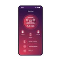 Smart car control app mobile interface vector template. Smartphone application page purple design layout. Autonomous remote controller flat gradient UI screen. Vehicle feature, settings phone display