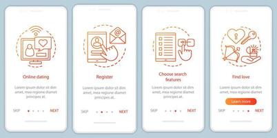 Online dating onboarding mobile app page screen vector template. Register, choose search features, find love website instructions with linear illustrations. UX, UI, GUI smartphone interface concept