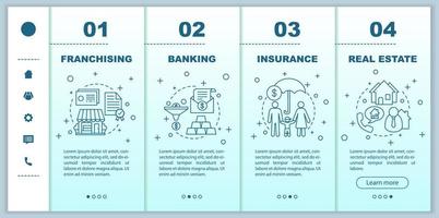 plantilla de vector de pantalla de página de aplicación móvil de incorporación de bienes raíces. seguro. bancario. franquicias, pasos del sitio web del tutorial de inversión con ilustraciones lineales. ux, ui, concepto de interfaz de teléfono inteligente gui