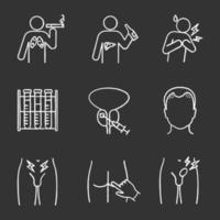 Men's health chalk icons set. Lungs, liver, prostate cancer, heart attack, lab analysis, prostate biopsy, hair loss, rectal exam, inguinal hernia. Isolated vector chalkboard illustrations