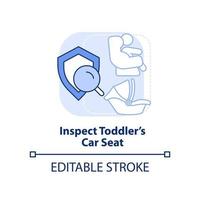 Inspect toddler car seat light blue concept icon. Trip with toddlers recommendation abstract idea thin line illustration. Isolated outline drawing. Editable stroke.