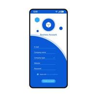 Create business account smartphone interface vector template. Mobile register page black design layout. Sign up fields app screen. Flat UI for application. Company registration form. Phone display