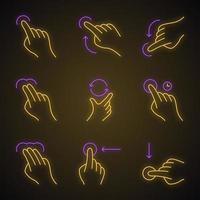 Touchscreen gestures neon light icons set. Tap, point, click, 2x tap, drag, double click gesturing. Vertical scroll up, scroll down. Touch and hold. Glowing signs. Vector isolated illustrations