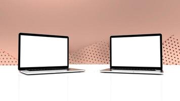 Modern laptop  isolated on rose gold background. 3D Illustration. photo