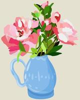 Vector bright illustration of peony bouquet in light blue vase.