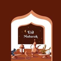 Eid Mubarak and Food Vector Illustration