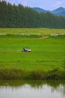 Driving in the green fields behind the mountains with bright blue skies. photo