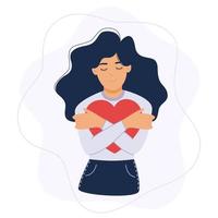 Happy cute woman with afro hairstyle hugging herself with enjoying emotions isolated. Love concept of yourself body vector illustration.