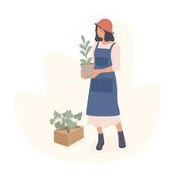 Girl caring for house plants in urban home garden with cat. Daily life and everyday routine scene by young woman in scandinavian style cozy interior with homeplants. Cartoon vector illustration.