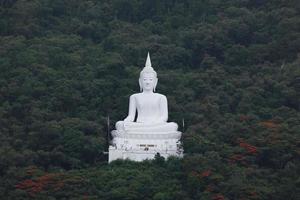 el punto de vista frente al buda blanco está en medio de una colina de bosque verde. wat phra khao en nakhon ratchasima, tailandia, el 16-05-2022 foto