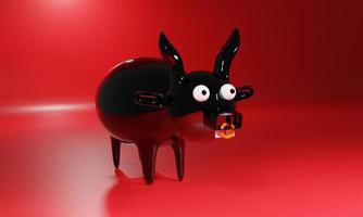 Lovely ceramic black ox isolated on red background,  very cute and funny cartoon buffalo. 3D rendering. photo