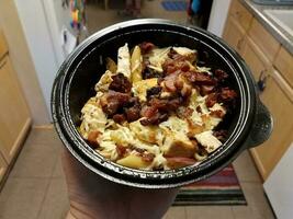 hand holding bowl of pasta with cheese and chicken and bacon photo