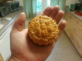 hand holding Chinese moon cake pastry in a kitchen photo