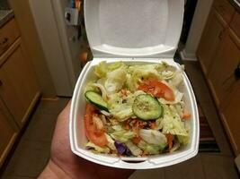 hand holding foam container of salad with cucumbers photo