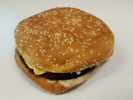 hamburger with cheese and bun with seeds on white background photo