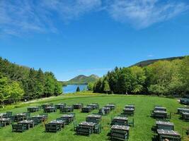 tables and grass and mountain and water in Acadia national park photo