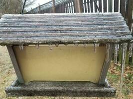 Goteo de hielo de lluvia helada en el comedero para pájaros foto