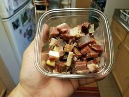 holding plastic container of serrano ham in kitchen photo