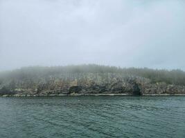 rocky shore and trees and and lobster floaters in Maine photo