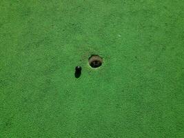 hole on miniature golf course with green artificial grass and black ball photo