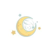 Vector Illustration of Cartoon Cute Baby Sleeping on the moon, Childish greeting card.