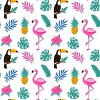 Hand drawn tropical seamless pattern with palm tree, monstera leaves, toucan and pink flamingo on white background. Vector illustration