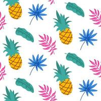 Hand drawn tropical seamless pattern with palm tree leaves and pineapple isolated on white background. Vector illustration