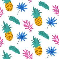 Hand drawn tropical seamless pattern with palm tree leaves and pineapple isolated on white background. Vector illustration