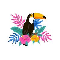 Hand drawn toucan sitting on the branch with tropical leaves and flowers. Vector illustration