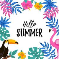 Hello Summer banner with toucan, flamingo and tropical leaves and flovers. Vector illustration with hand drawn elements