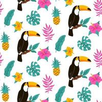 Hand drawn tropical seamless pattern with toucan, palm tree, monstera leaves on white background. Vector illustration