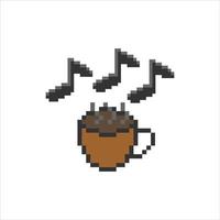 Music cup of coffee with   music note steam in pixel art. vector illustration.