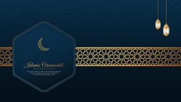 Islamic Arabic Blue Luxury Ramadan Kareem Background with Golden Pattern Border Frame