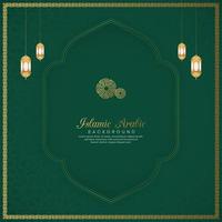 Islamic Arabic Green Luxury Ramadan Kareem Background with Golden Pattern Border Frame and Lanterns