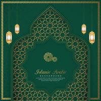 Islamic Arabic Green Luxury Ramadan Kareem Background with Geometric pattern and Beautiful Arch with Lanterns vector