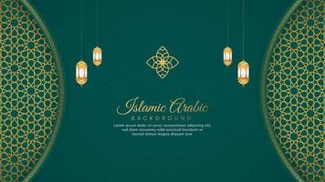 Islamic Arabic Green Luxury Background with Geometric pattern and Beautiful Ornament with Lanterns