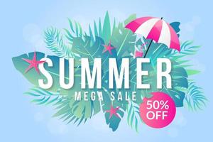 Summer sale banner with gradient tropical leaf vector