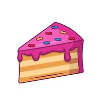 Piece of cake with pink cream and decorative topping. Vector illustration in flat cartoon style.