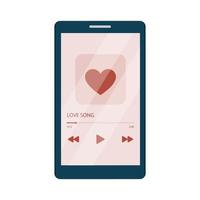 Love song. Music player on mobile phone screen. Vector illustration in flat cartoon style.